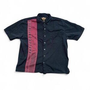 Harley Davidson Shirt Mens XL Black Red Stripe Button Up Short Sleeve Motorcycle